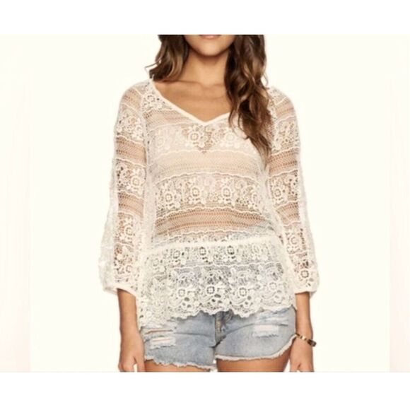 Free People Crochet Lace Boho Peplum Top size L - Picture 1 of 9